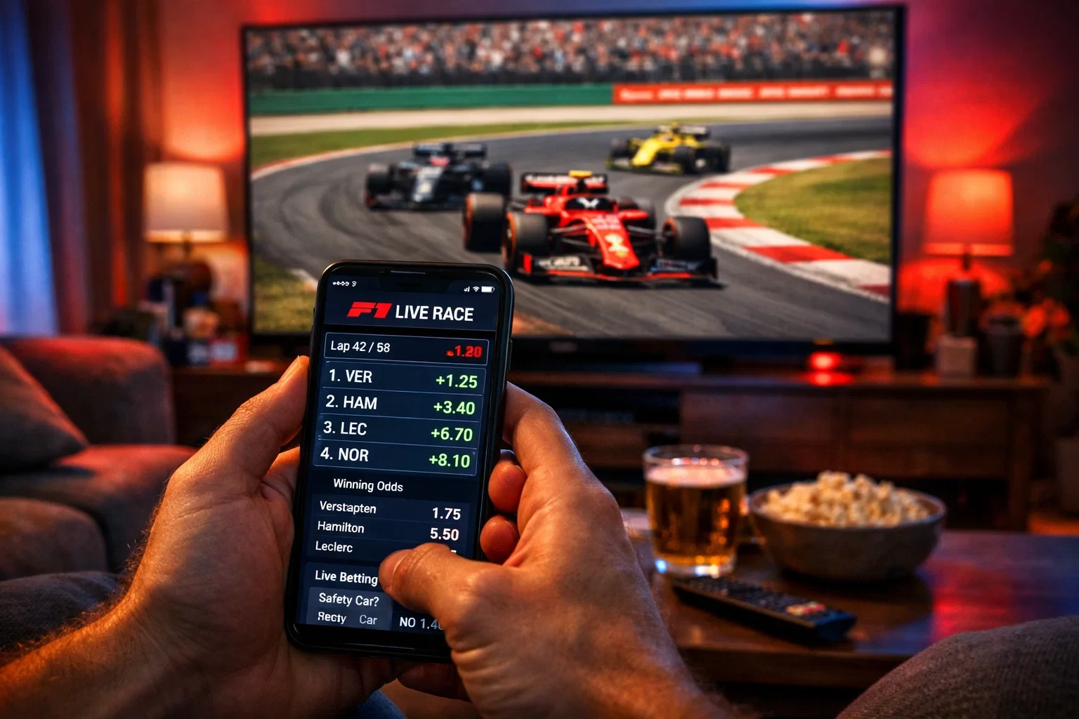 Spannendes Live-Wetten Szenario: Person hält Smartphone mit Live-Quoten während ein F1-Rennen auf dem Fernseher läuft