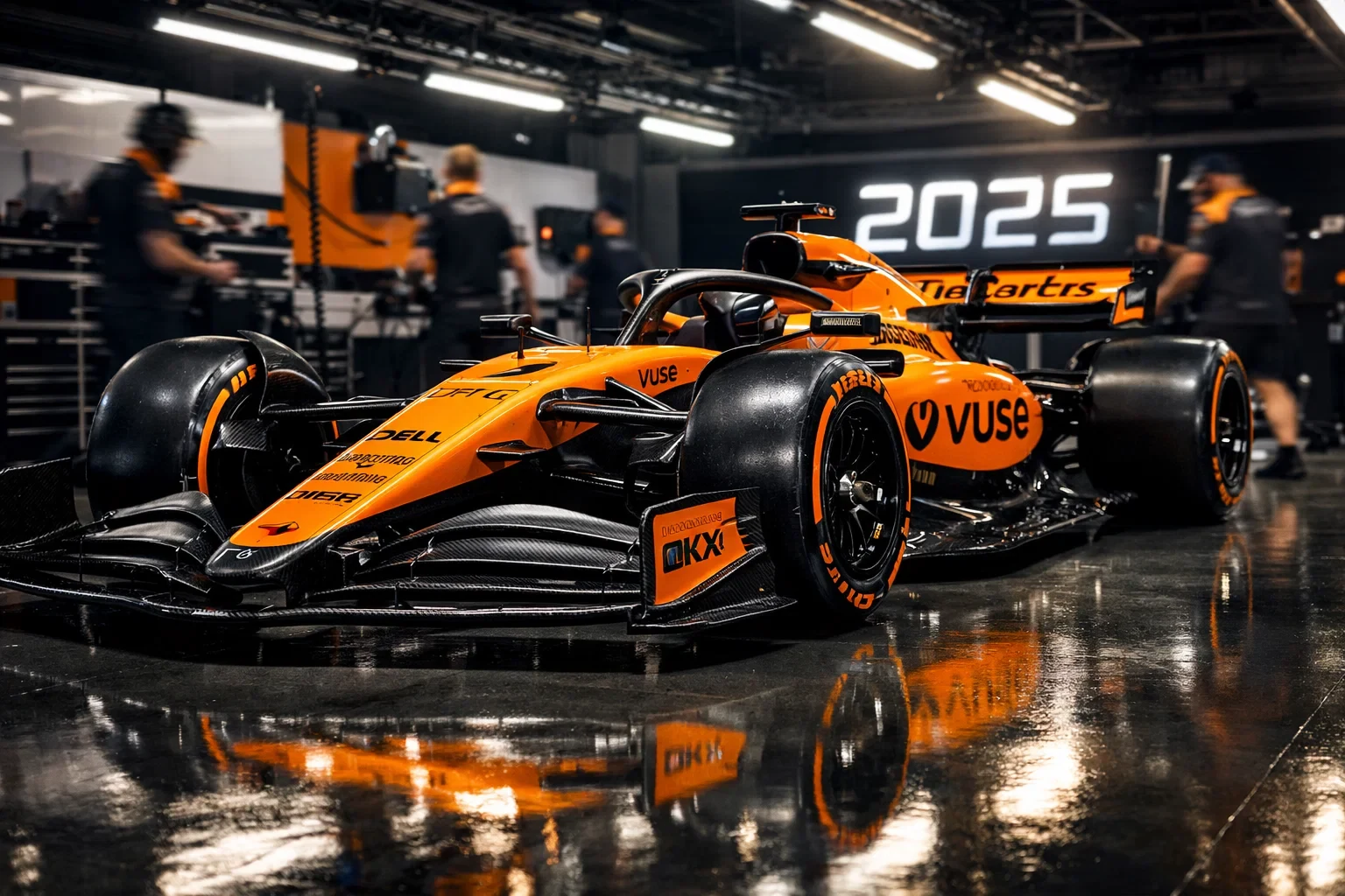 Moderner McLaren Formel 1 Bolide in Papaya-Orange in einer professionellen Boxengarage mit 2025-Anzeige