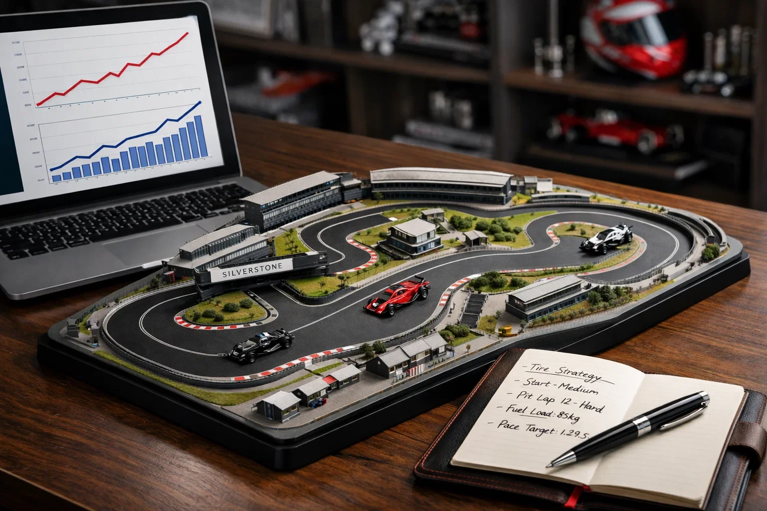 Professioneller Arbeitsplatz mit Silverstone-Streckenmodell, Laptop mit Performance-Charts und strategischen Notizen für F1-Analyse