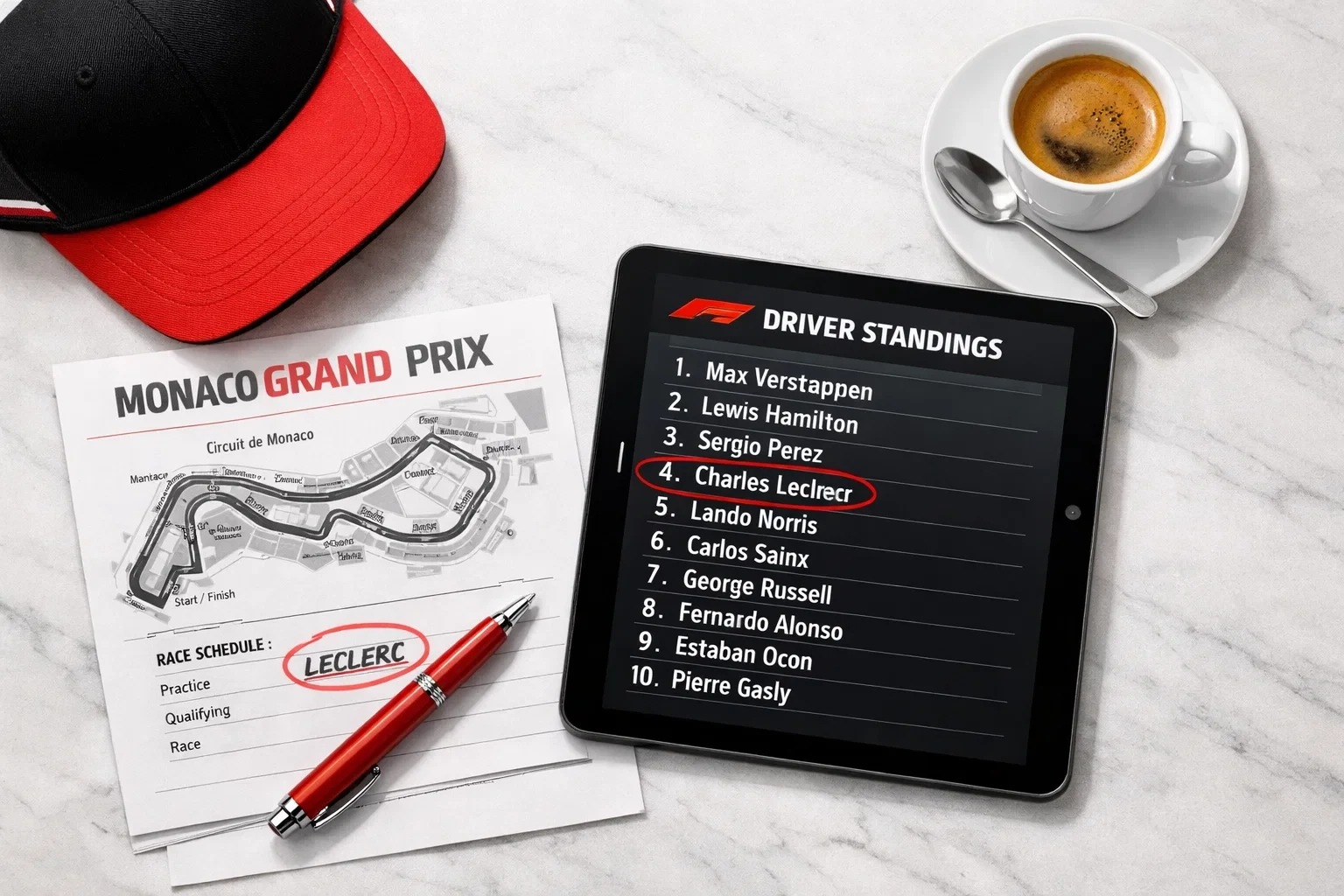 Elegantes Flat-Lay mit Tablet, Rennprogramm und Monaco-Streckenkarte für die Analyse verschiedener F1-Wettarten