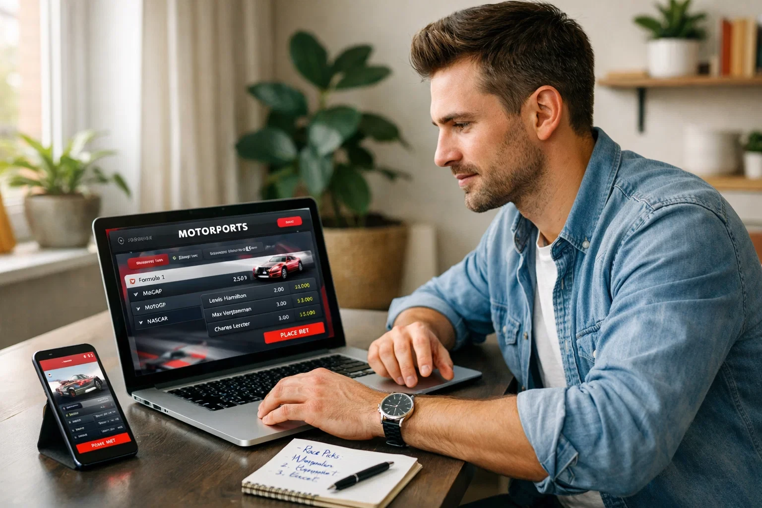 Junger Mann im Home-Office analysiert F1-Wettquoten auf seinem Laptop mit Smartphone und Notizblock auf dem Schreibtisch