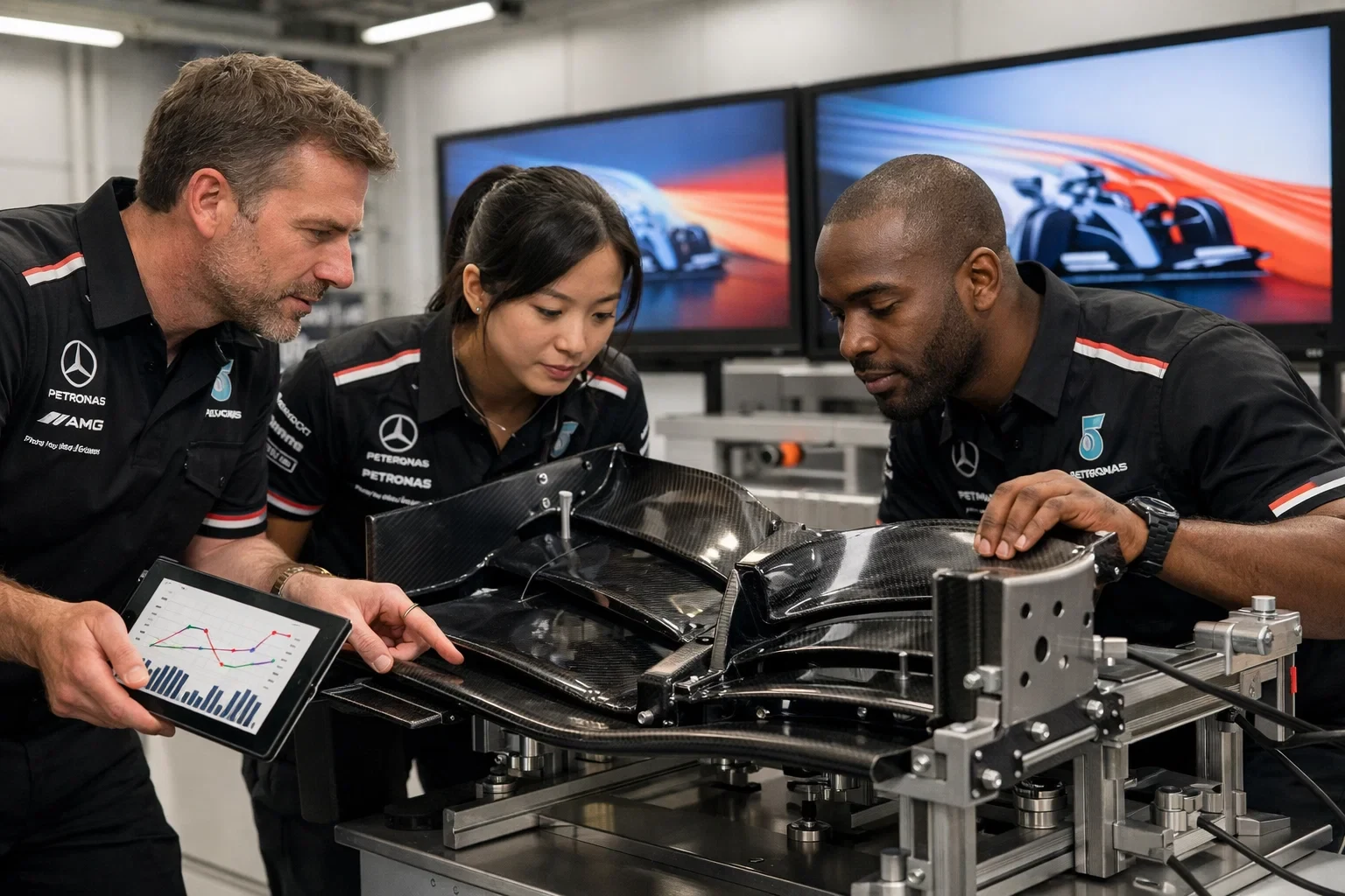 Formel 1 Ingenieure analysieren Aerodynamik-Komponenten im Entwicklungszentrum