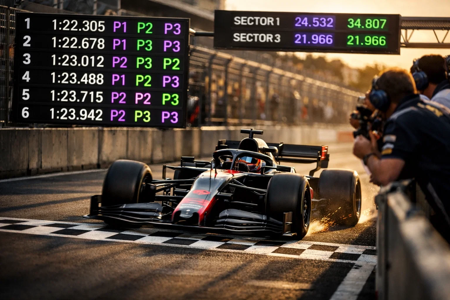 Formel 1 Auto überquert die Ziellinie während der Qualifikation mit Zeitanzeige