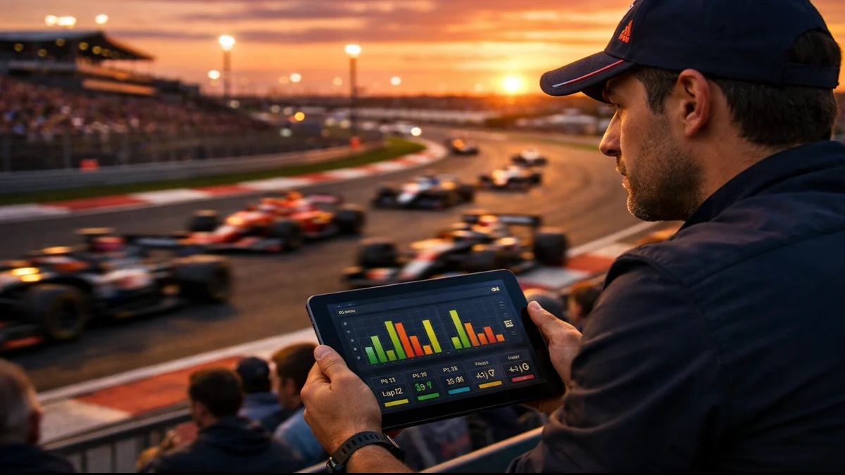 Dramatischer Start eines Formel 1 Rennens bei Sonnenuntergang mit fünf Boliden, die von der Startlinie losstürmen