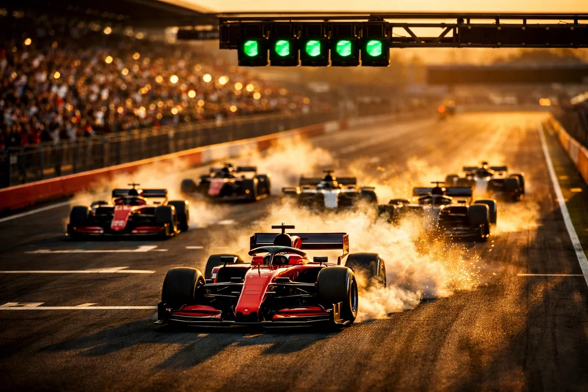 Dramatischer Start eines Formel 1 Rennens bei Sonnenuntergang mit fünf Boliden, die von der Startlinie losstürmen