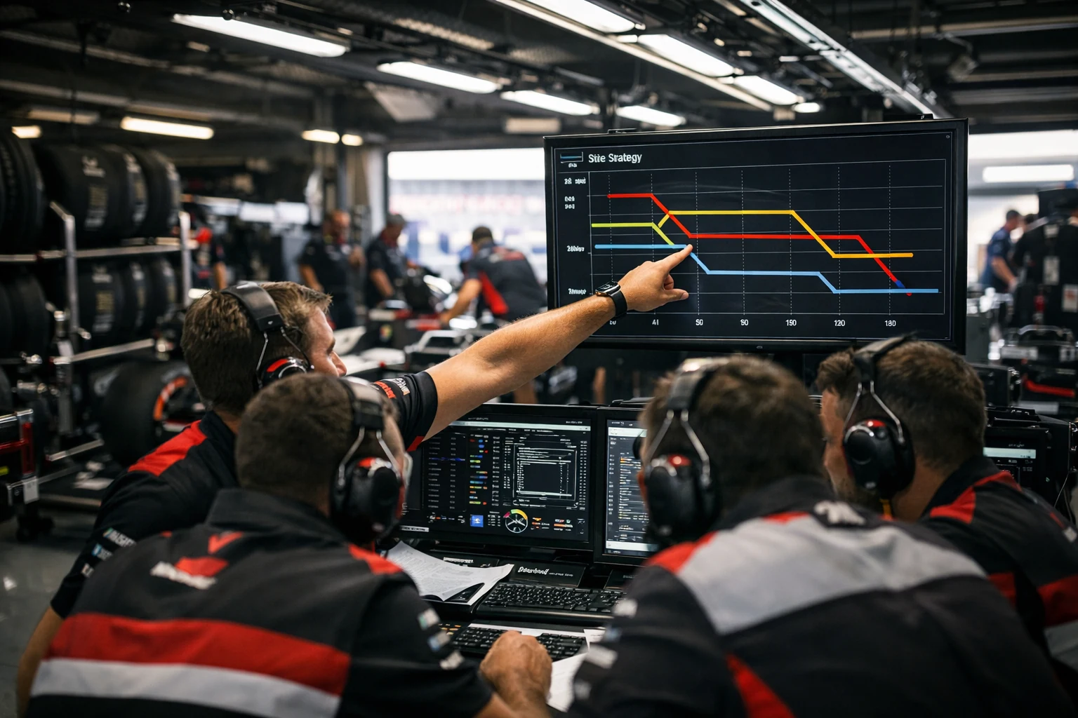 Formel 1 Ingenieure analysieren Telemetriedaten im Boxenbereich