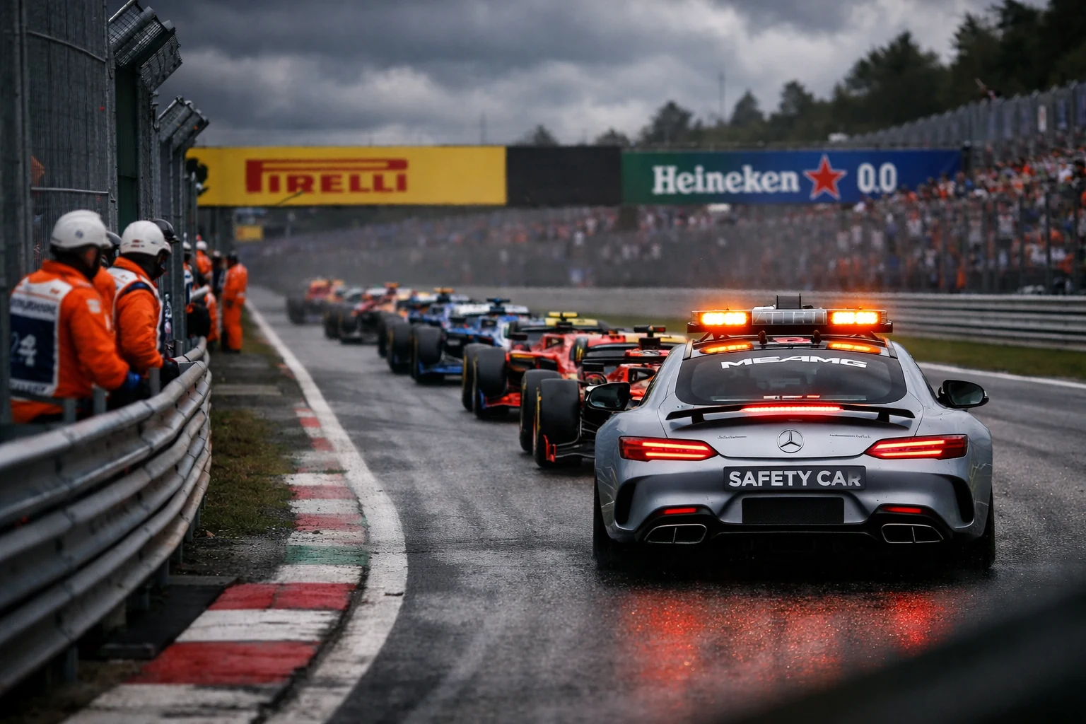 Formel 1 Autos dicht hinter dem Safety Car aufgereiht