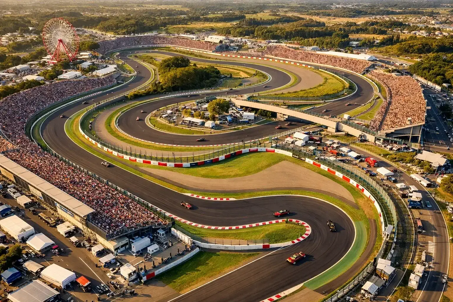 Formel 1 Rennstrecke aus der Luftperspektive mit Autos auf der Strecke