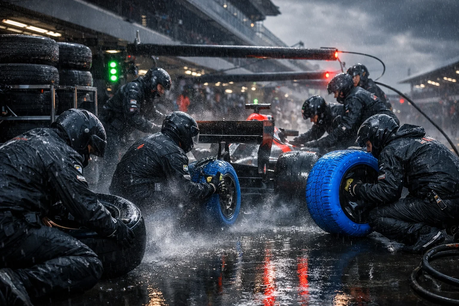 Formel 1 Boxenstopp Reifenwechsel bei Regenbedingungen