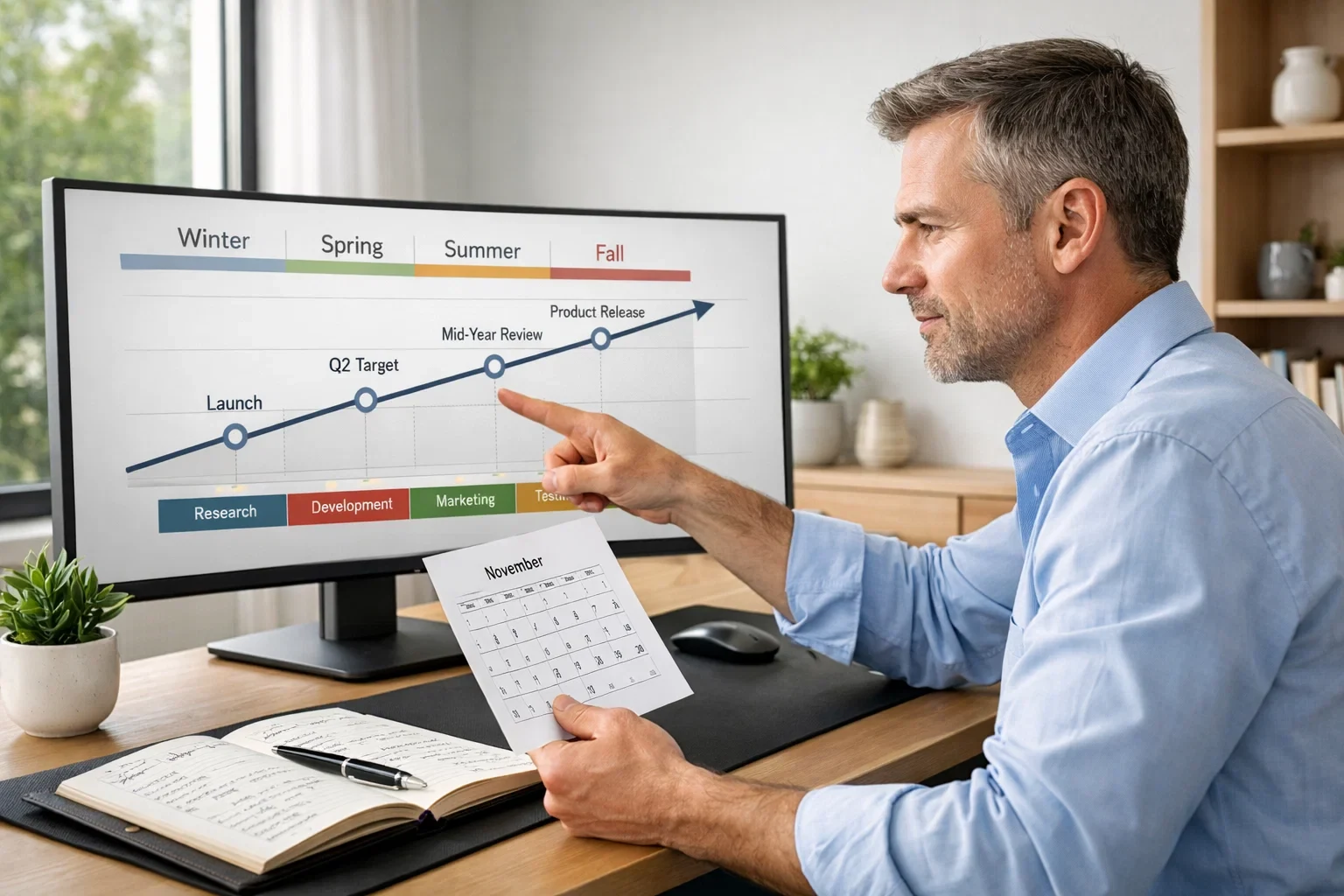 Analyst plant Langzeit-Wettstrategie am Bildschirm mit Saisonzeitplan