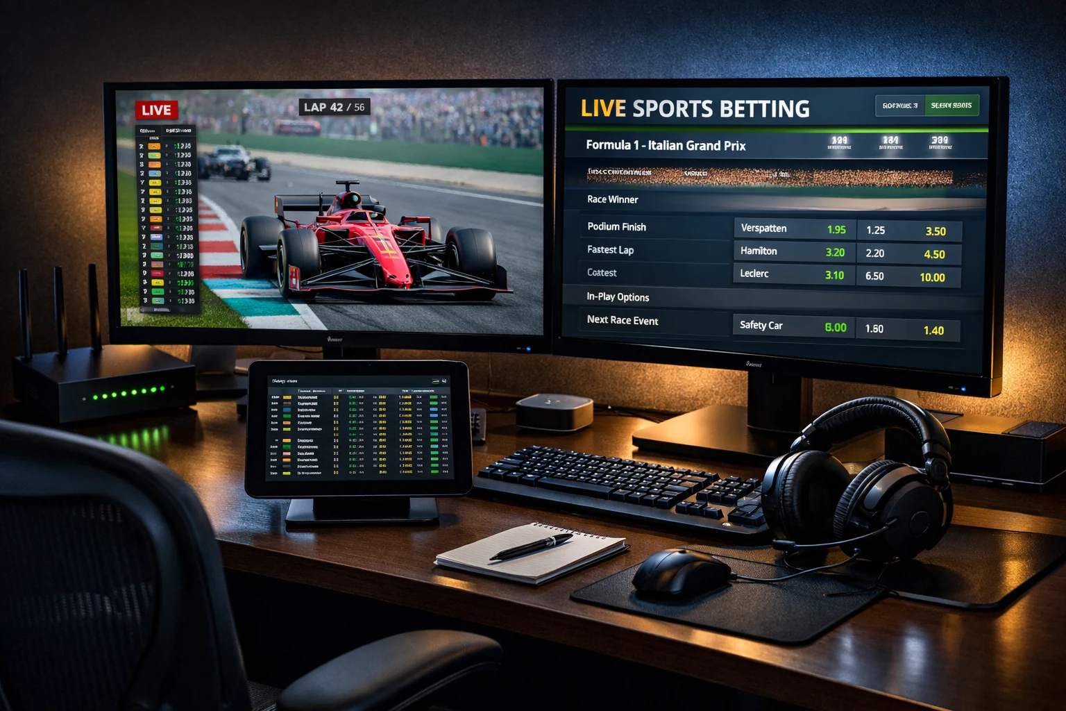 Professionelles Multi-Monitor-Setup für Formel 1 Live-Wetten