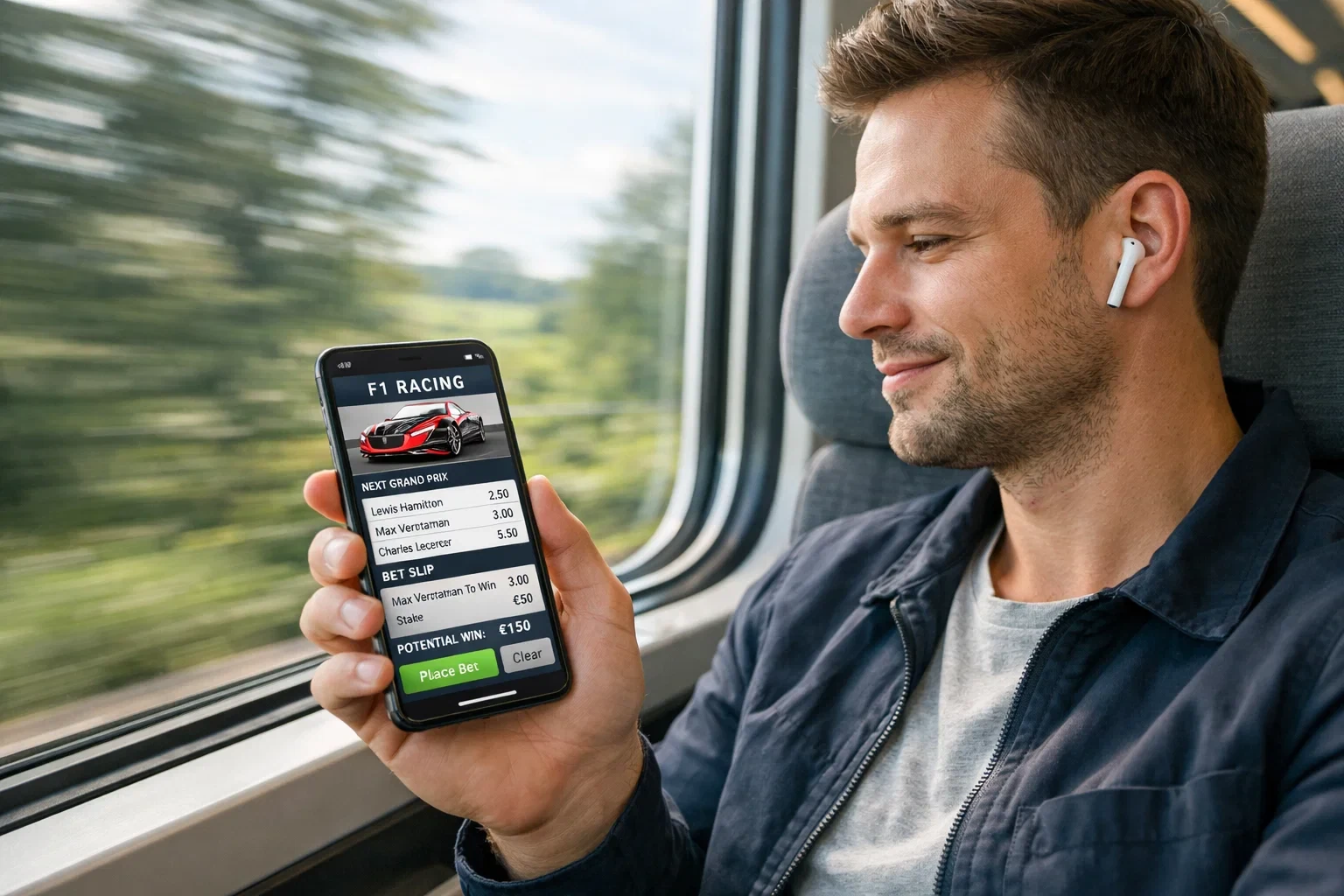 Person nutzt Wetten-App auf Smartphone unterwegs im Zug