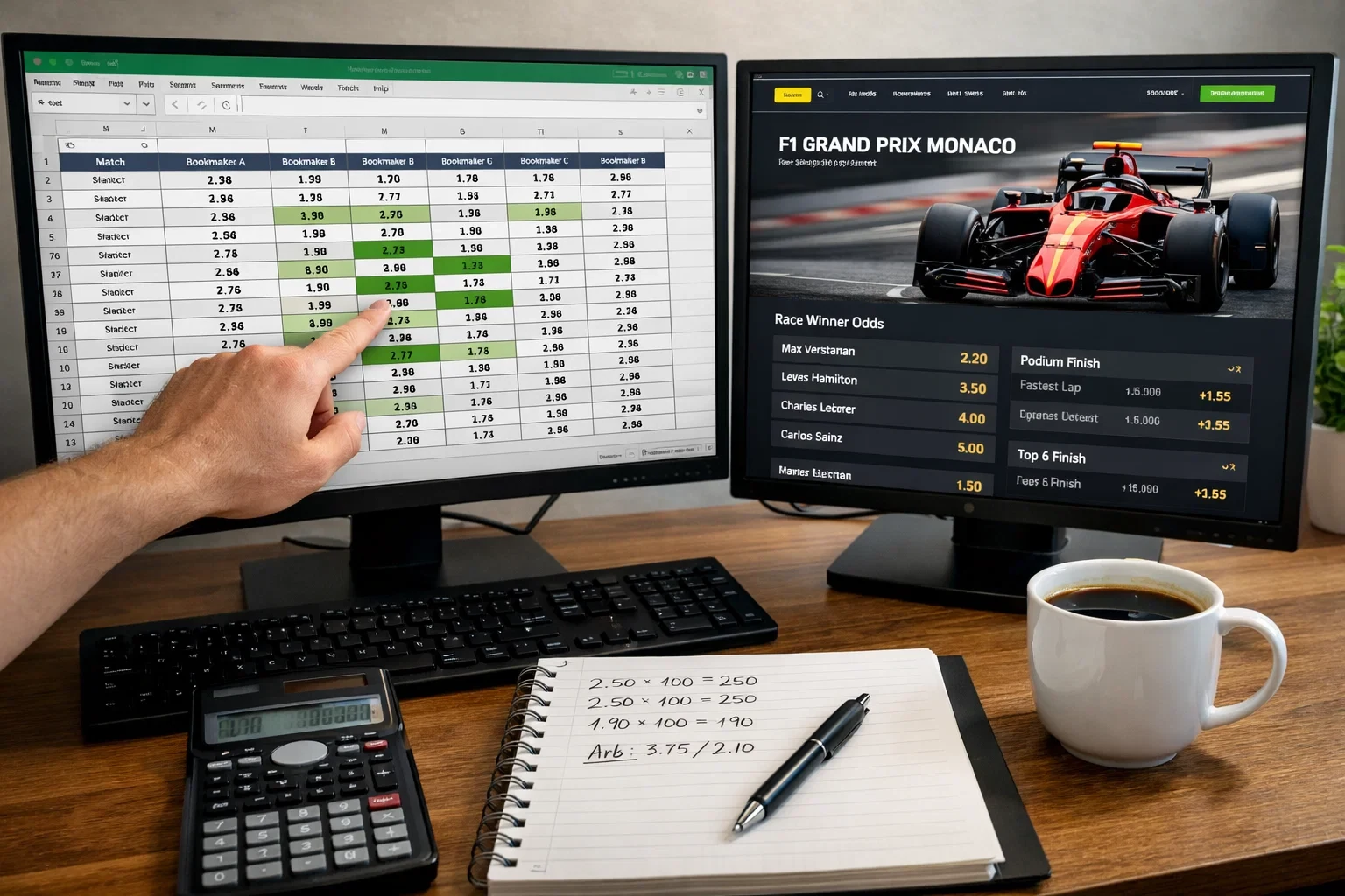 Quotenvergleich auf zwei Monitoren mit Tabelle und Wettseite