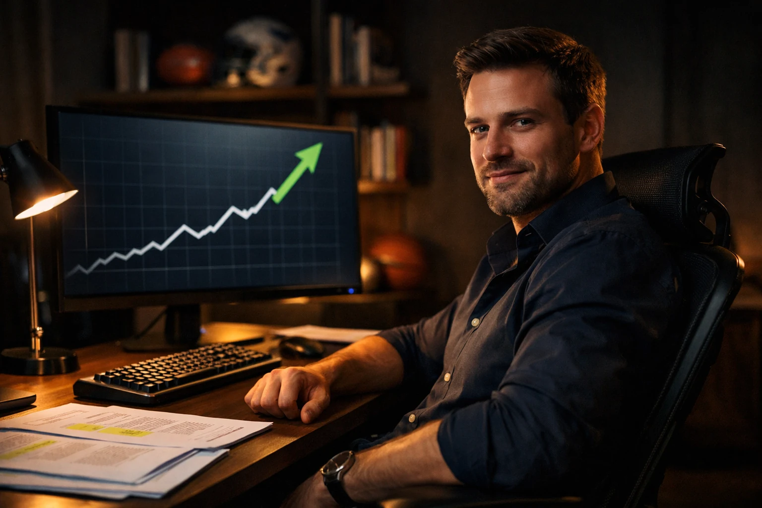Analyst feiert erfolgreiche Value Betting Strategie am Bildschirm