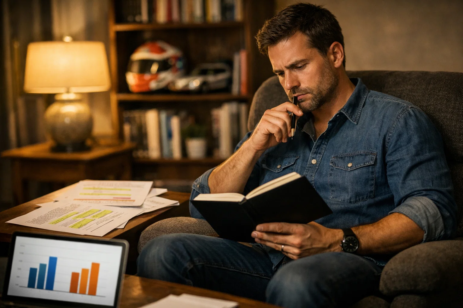 Mann analysiert Wettentscheidungen mit Notizbuch und Laptop