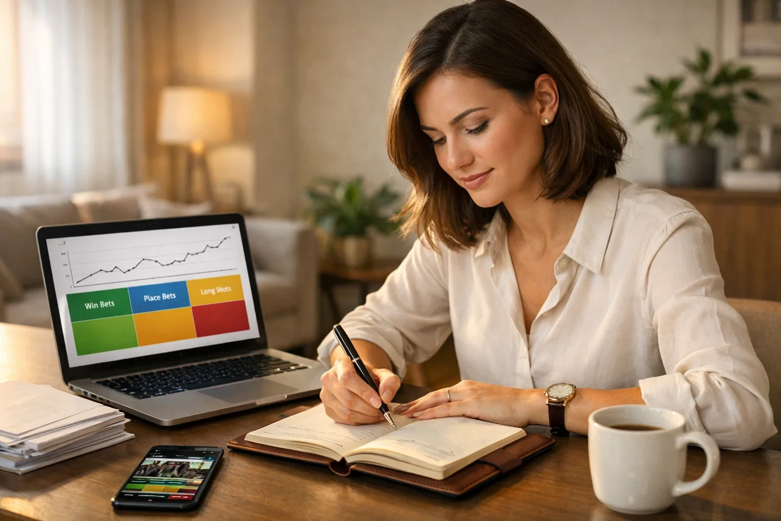 Frau plant Wetten-Portfolio-Strategie mit Laptop und Notizbuch