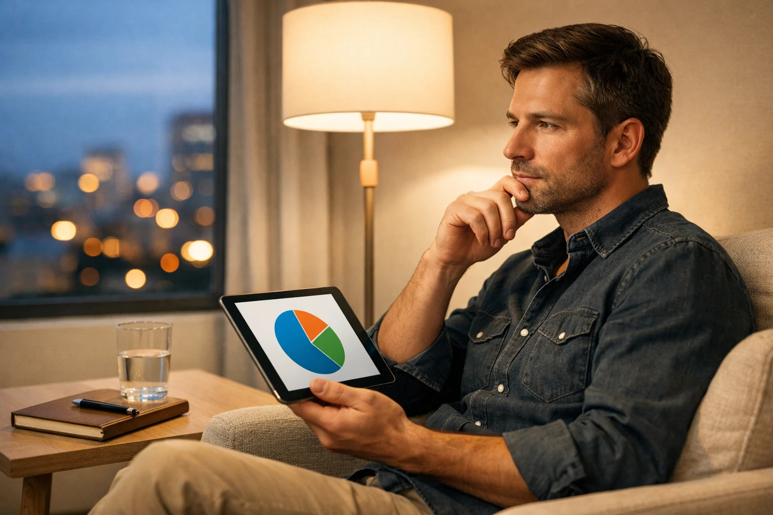 Mann trifft durchdachte Wettentscheidung mit Tablet und Diagramm